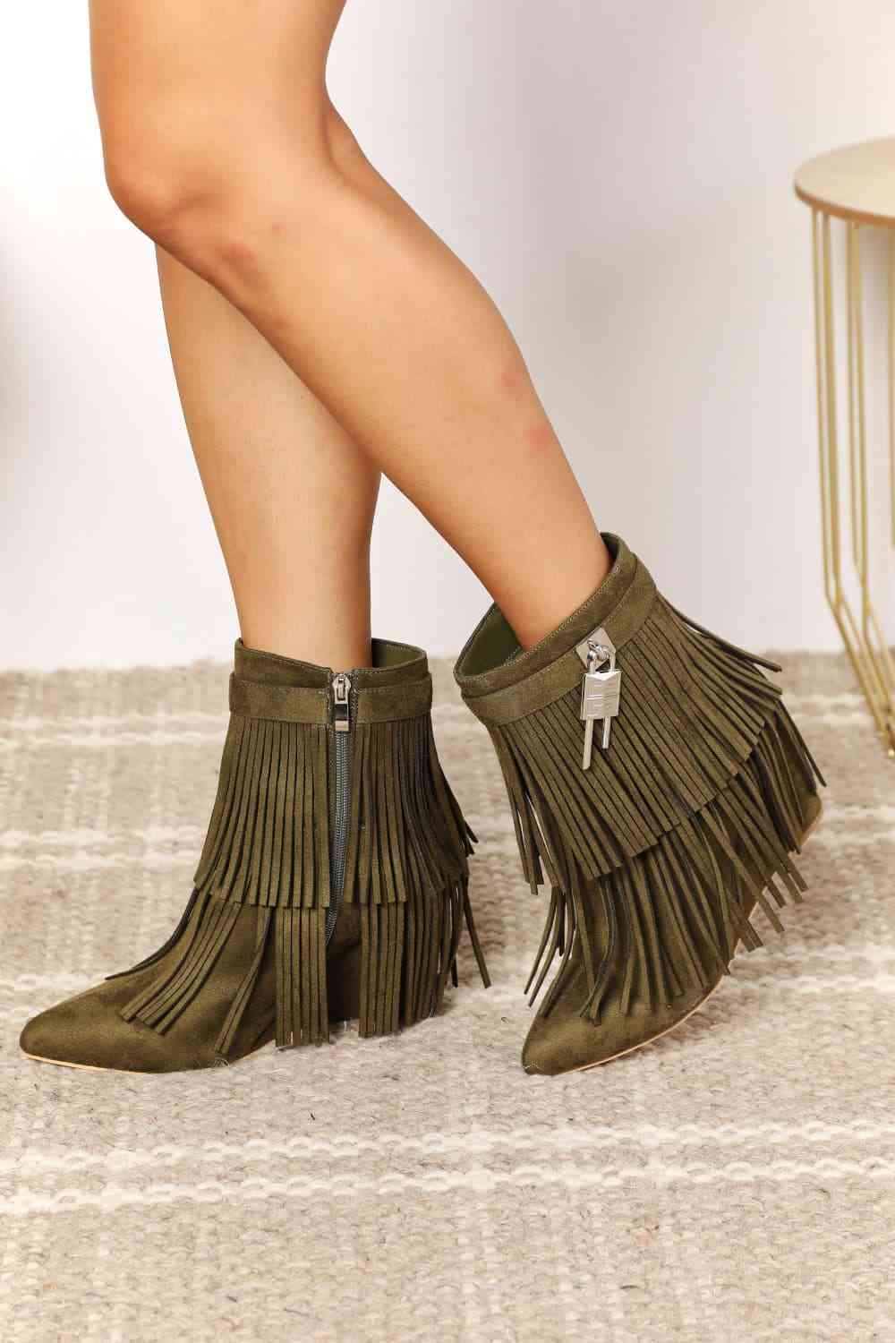 Wedge Heel Ankle Booties w/Tassel - in Olive!