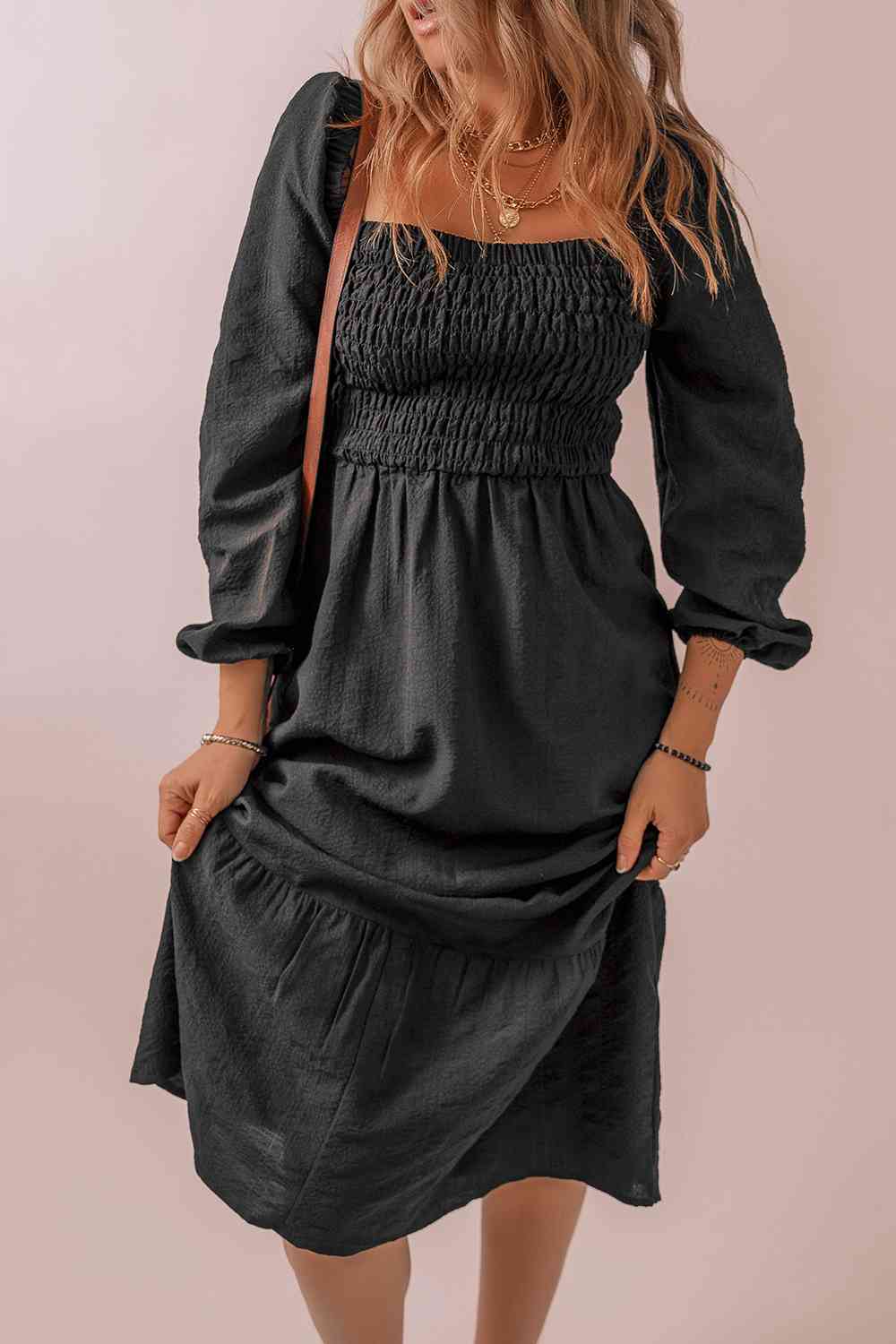 Square Neck Smocked Long Sleeve Dress