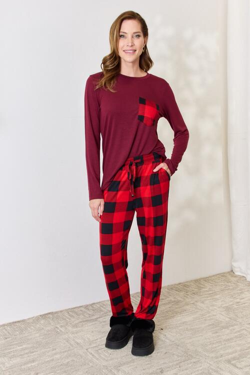 Zenana Plaid Round Neck Top and Pants Pajama Set