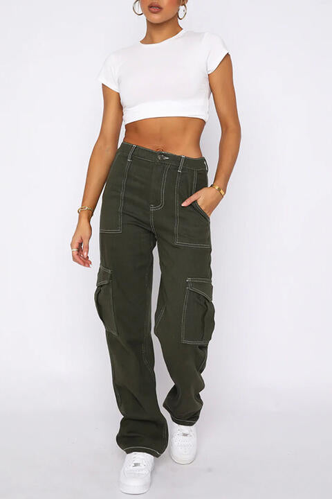 High Waist Jeans with Utility Pockets - Available in Black and Army Green