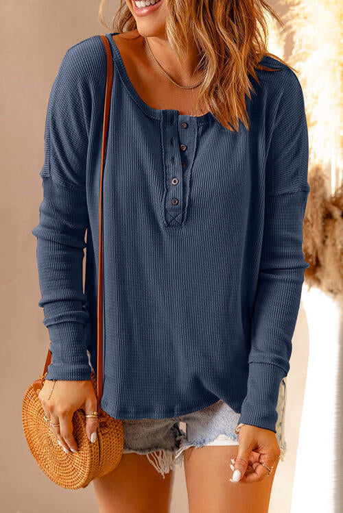 Long Sleeve, Waffle Knit Henley Top