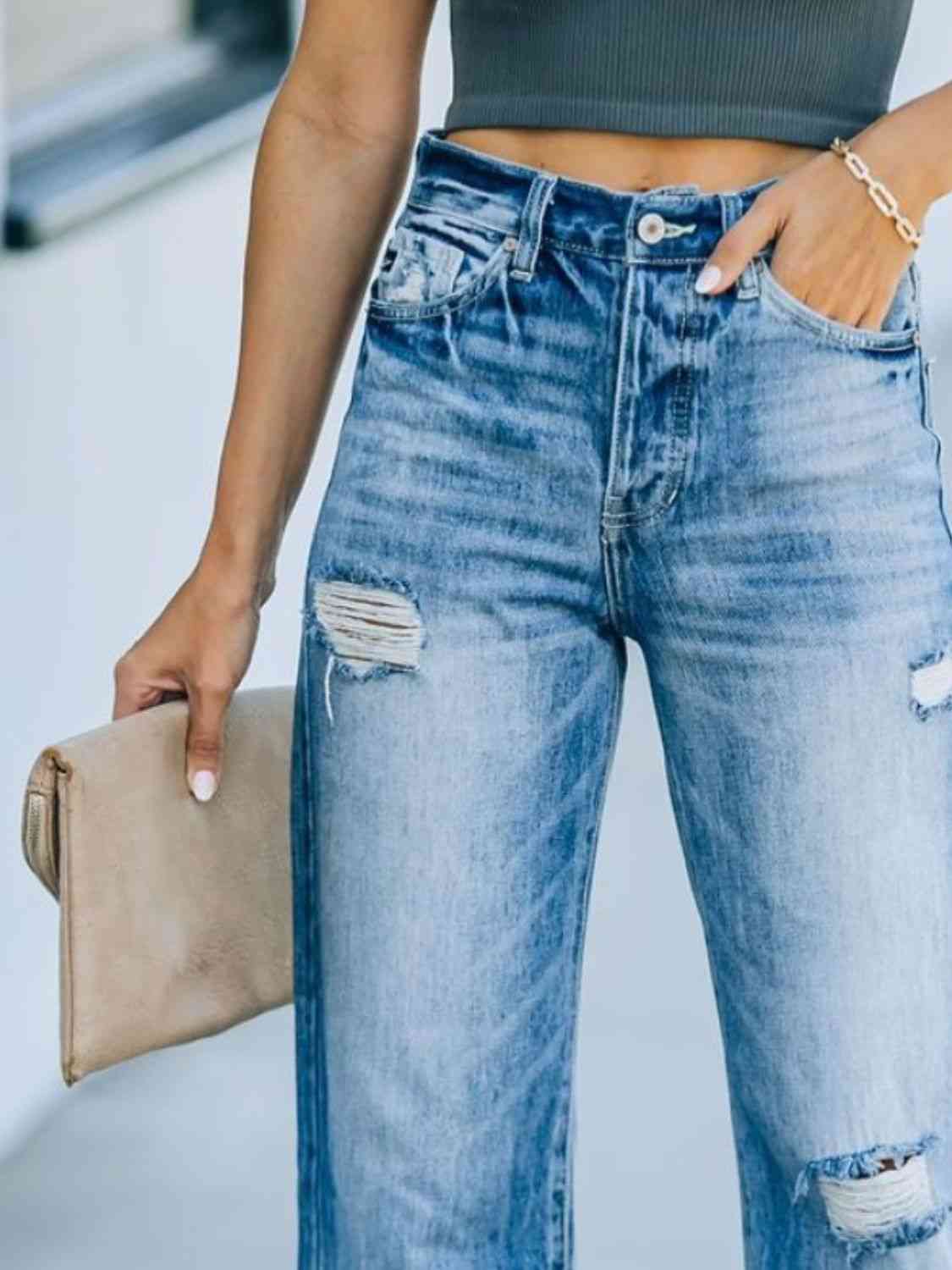 Vintage Inspired Distressed Straight Leg Jean