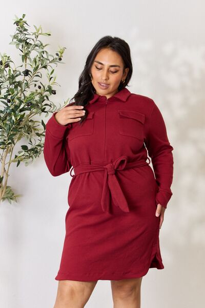 Culture Code Tie Front Half Zip Long Sleeve Shirt Dress