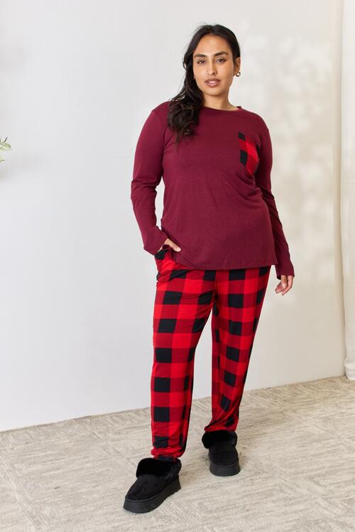 Zenana Plaid Round Neck Top and Pants Pajama Set