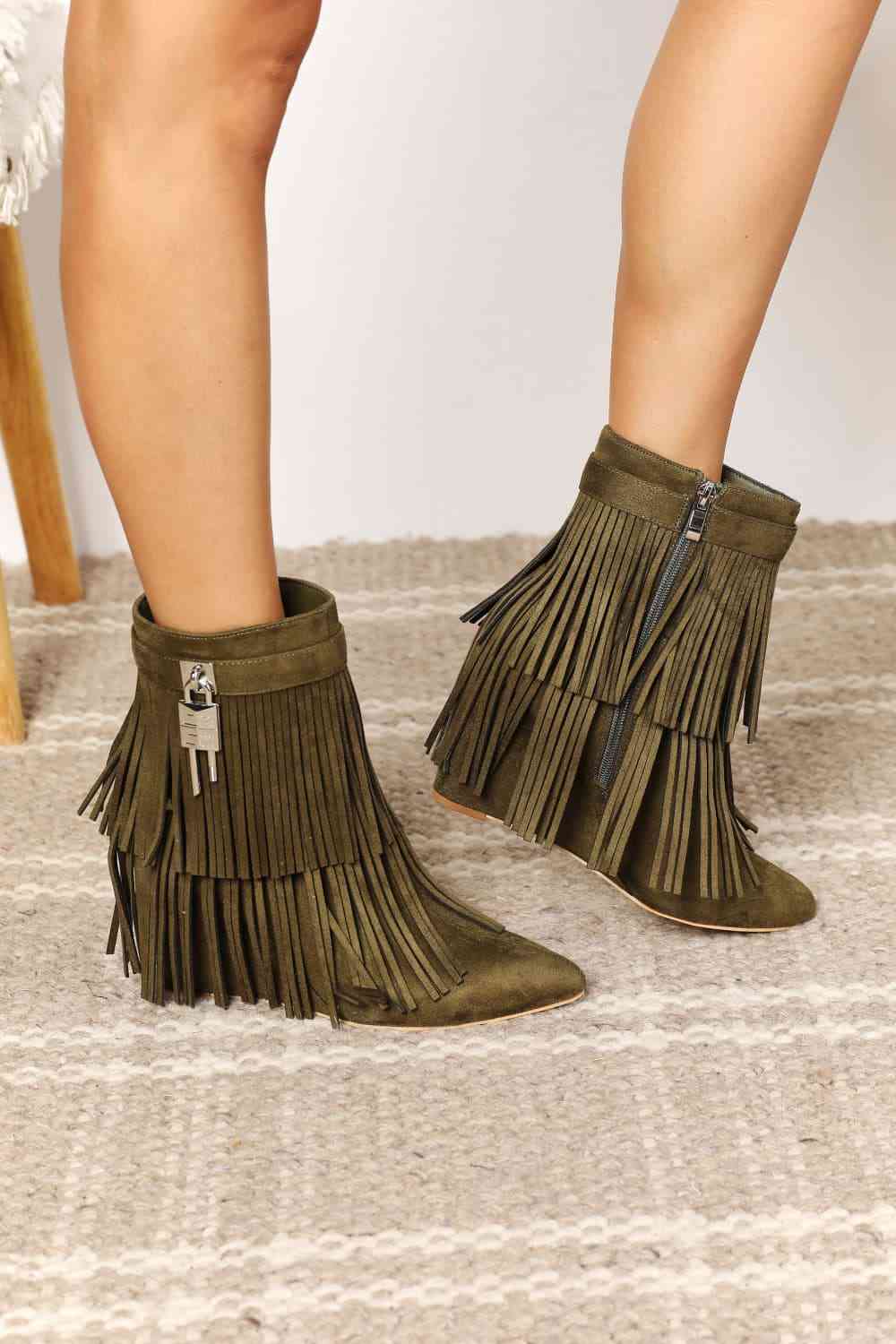 Wedge Heel Ankle Booties w/Tassel - in Olive!