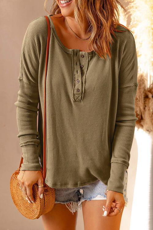 Long Sleeve, Waffle Knit Henley Top