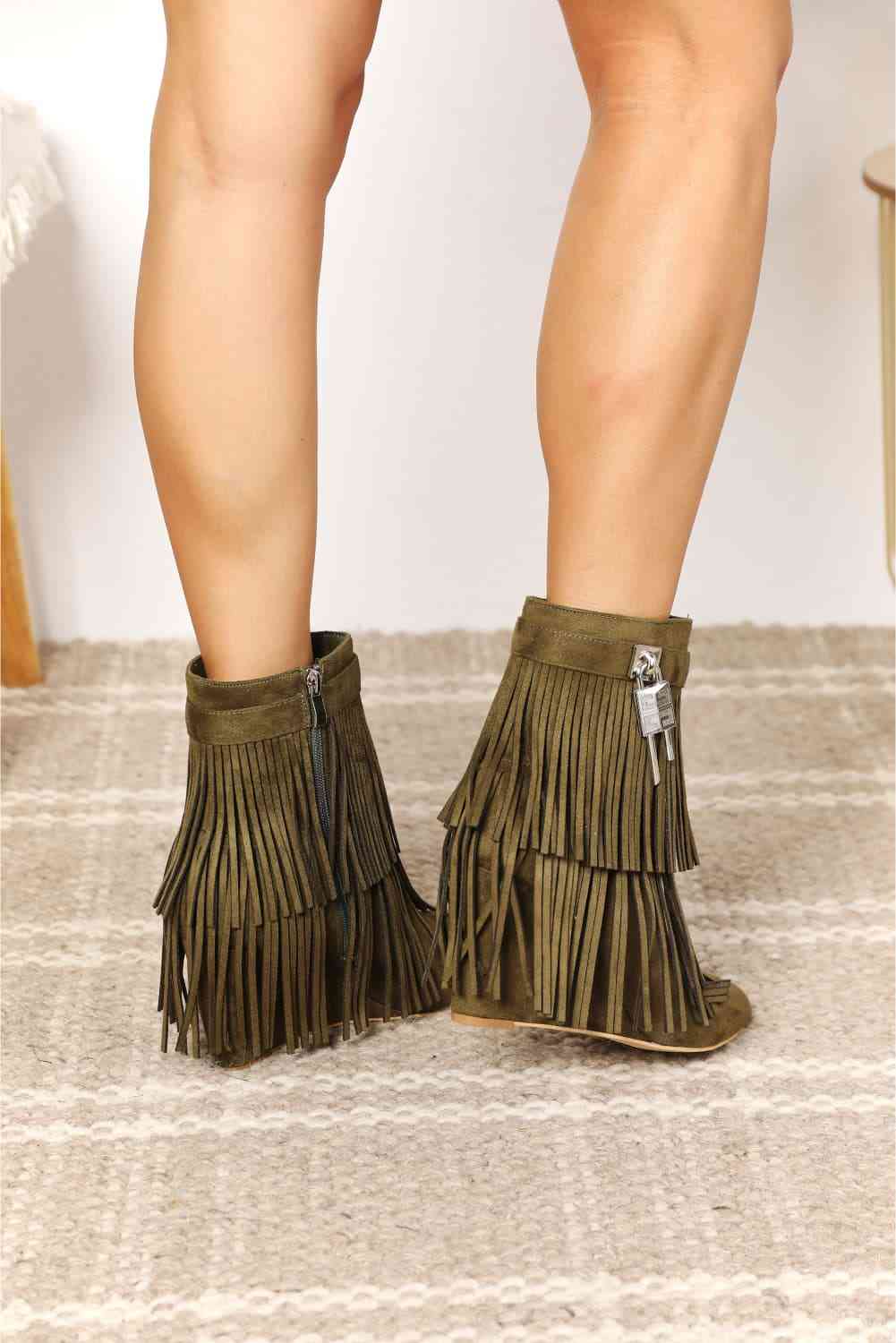 Wedge Heel Ankle Booties w/Tassel - in Olive!