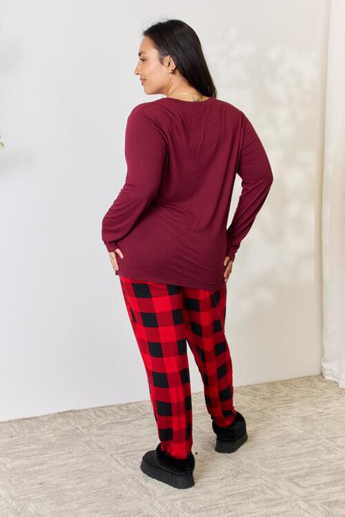 Zenana Plaid Round Neck Top and Pants Pajama Set