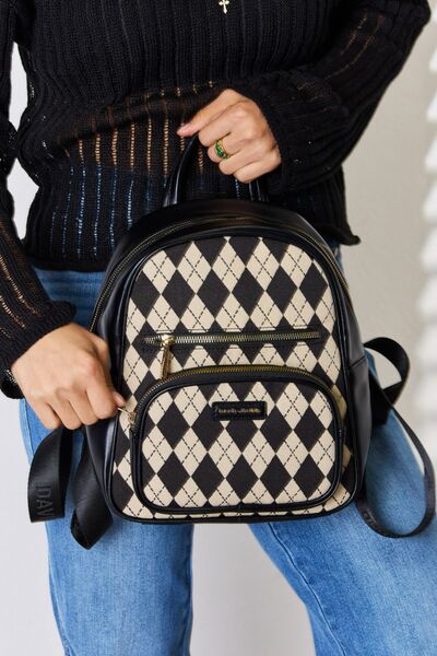 David Jones Argyle Pattern Vegan Leather Backpack