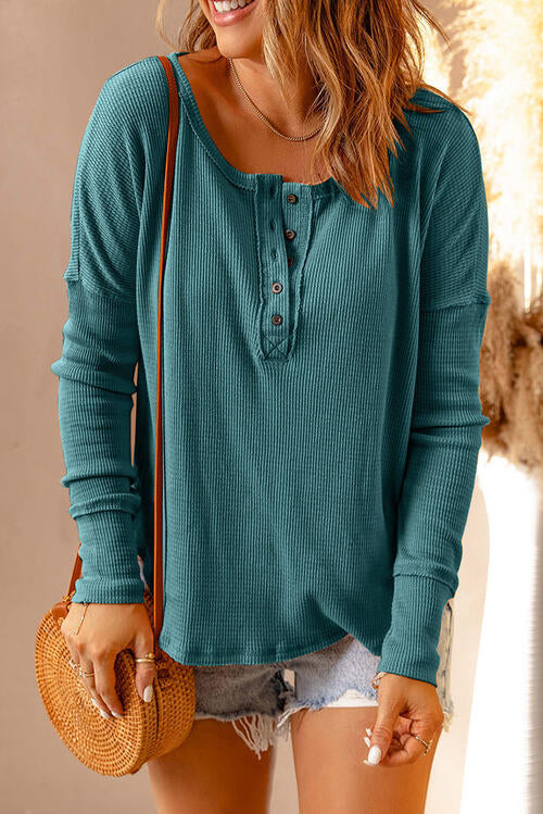 Long Sleeve, Waffle Knit Henley Top