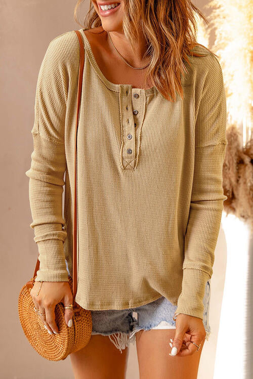 Long Sleeve, Waffle Knit Henley Top