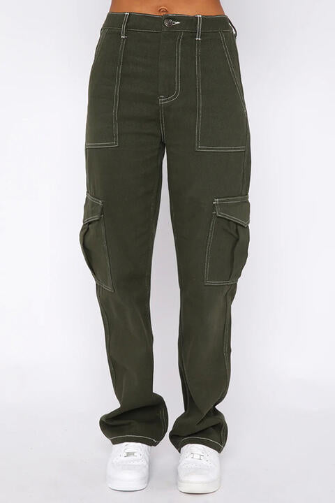 High Waist Jeans with Utility Pockets - Available in Black and Army Green