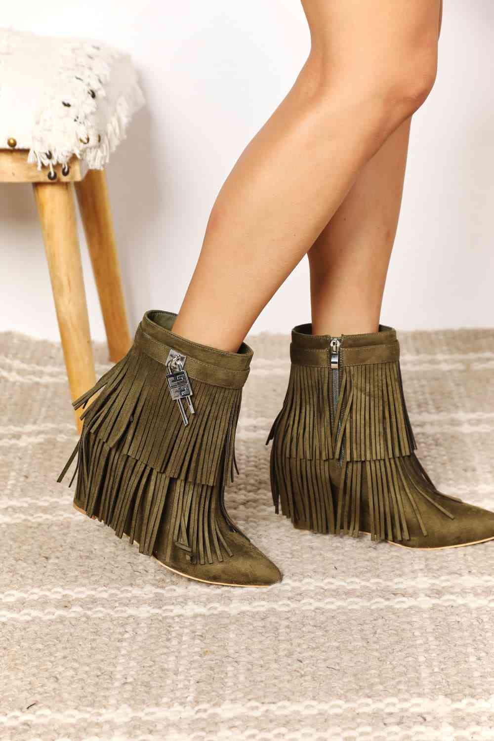 Wedge Heel Ankle Booties w/Tassel - in Olive!