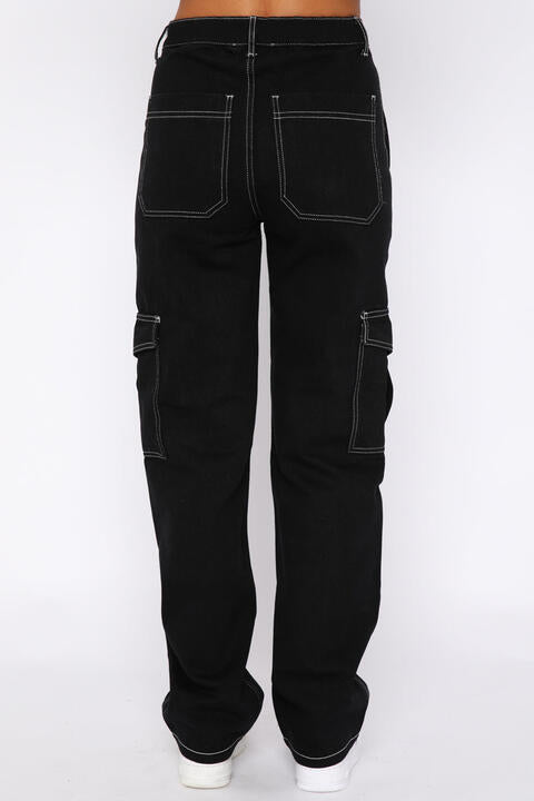 High Waist Jeans with Utility Pockets - Available in Black and Army Green