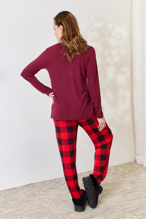 Zenana Plaid Round Neck Top and Pants Pajama Set