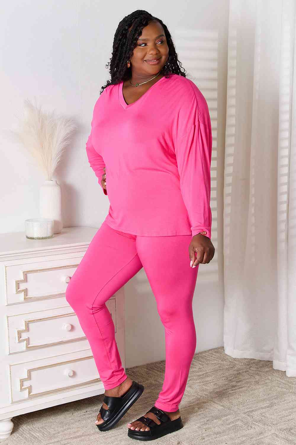 V-Neck Soft Rayon Long Sleeve Top and Pants Lounge Set