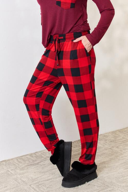 Zenana Plaid Round Neck Top and Pants Pajama Set