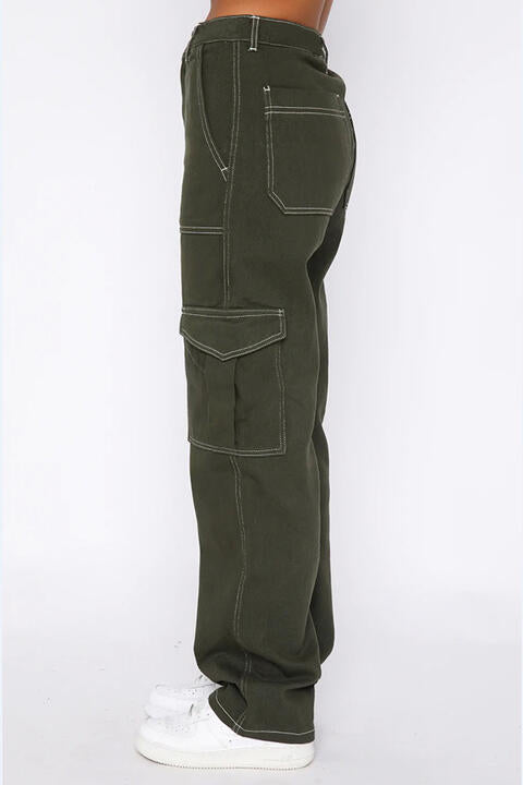 High Waist Jeans with Utility Pockets - Available in Black and Army Green