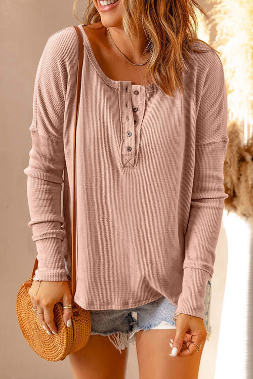 Long Sleeve, Waffle Knit Henley Top