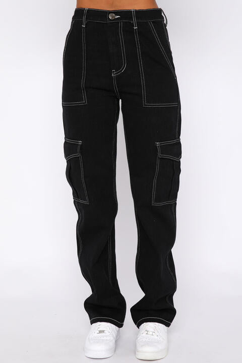 High Waist Jeans with Utility Pockets - Available in Black and Army Green